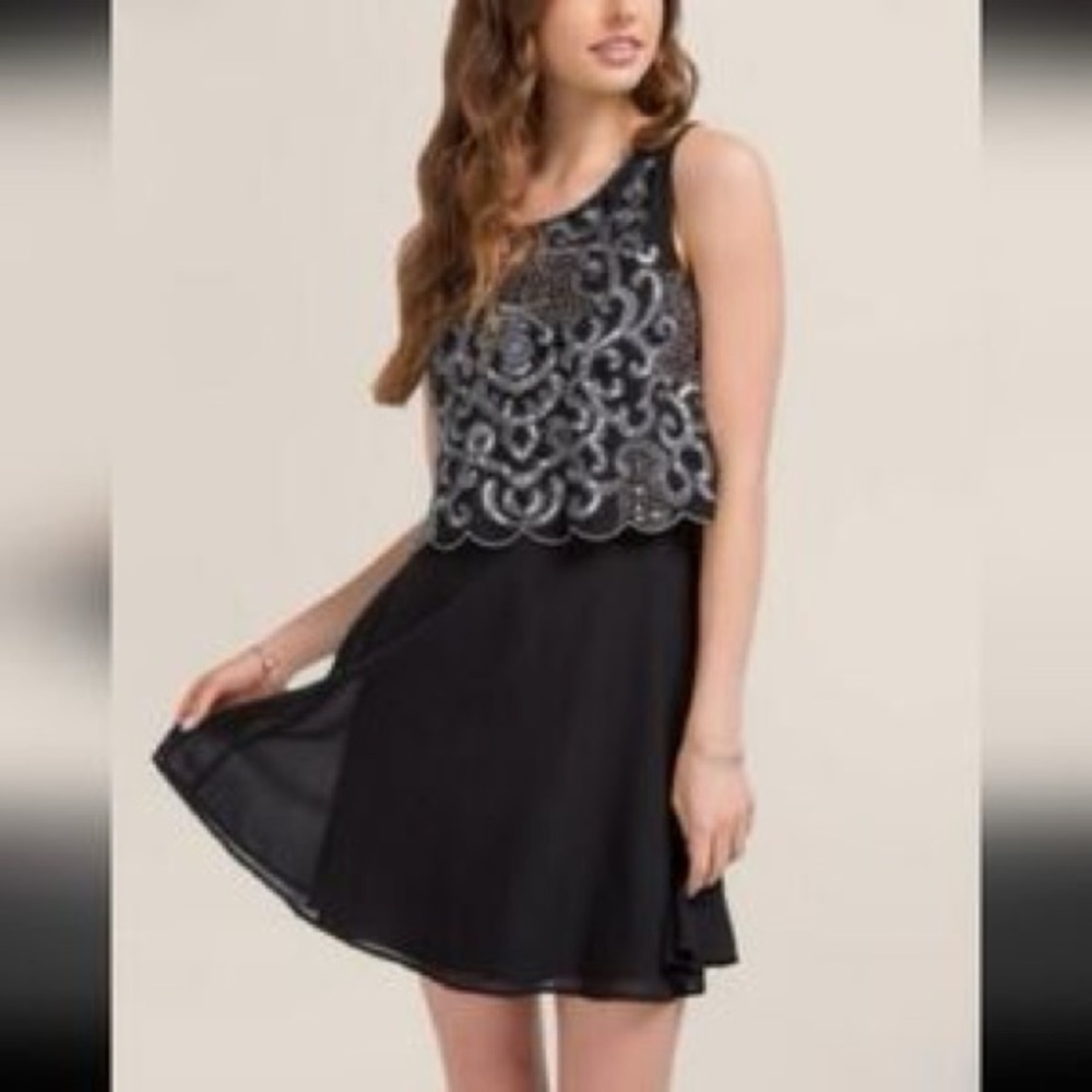 Francesca’s NWT Black Blue Embroidered Glass Beaded Sequins Sleeveless Dress
